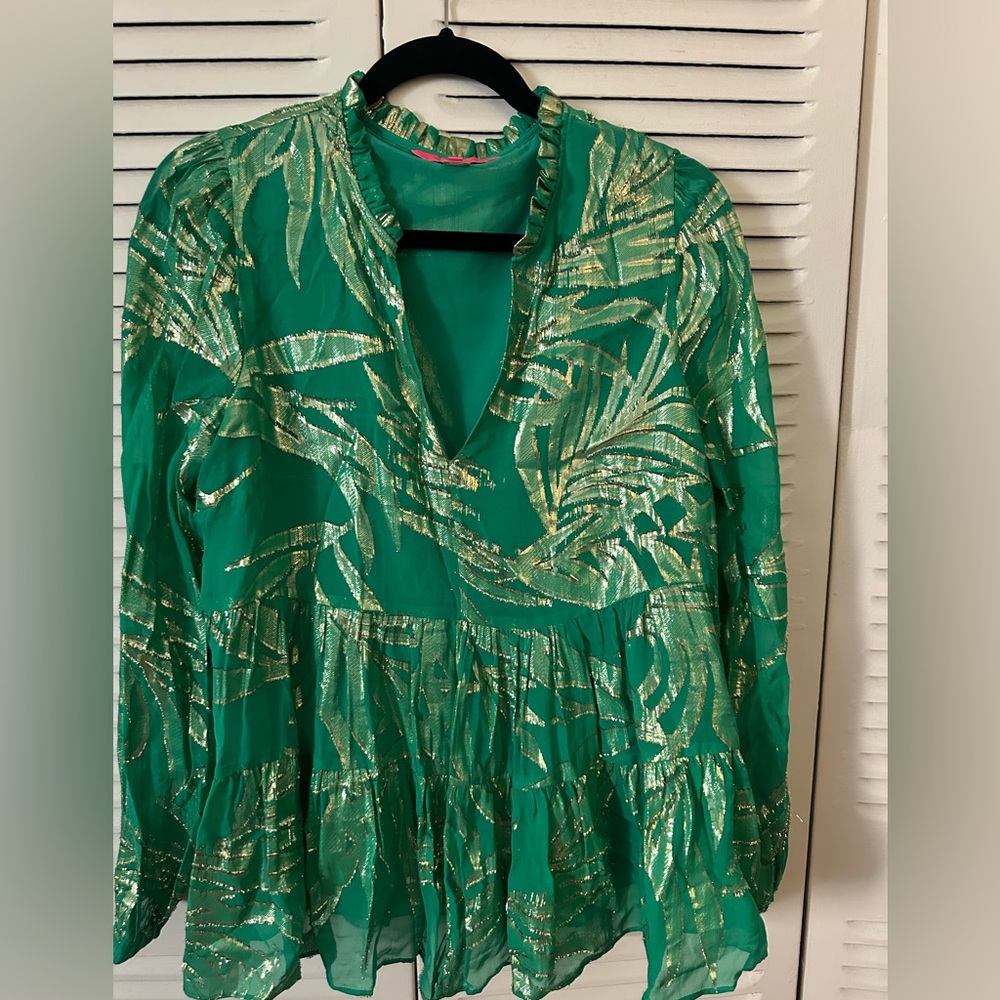 Lilly Pulitzer Green and Gold Relaxed Pleated Blouse